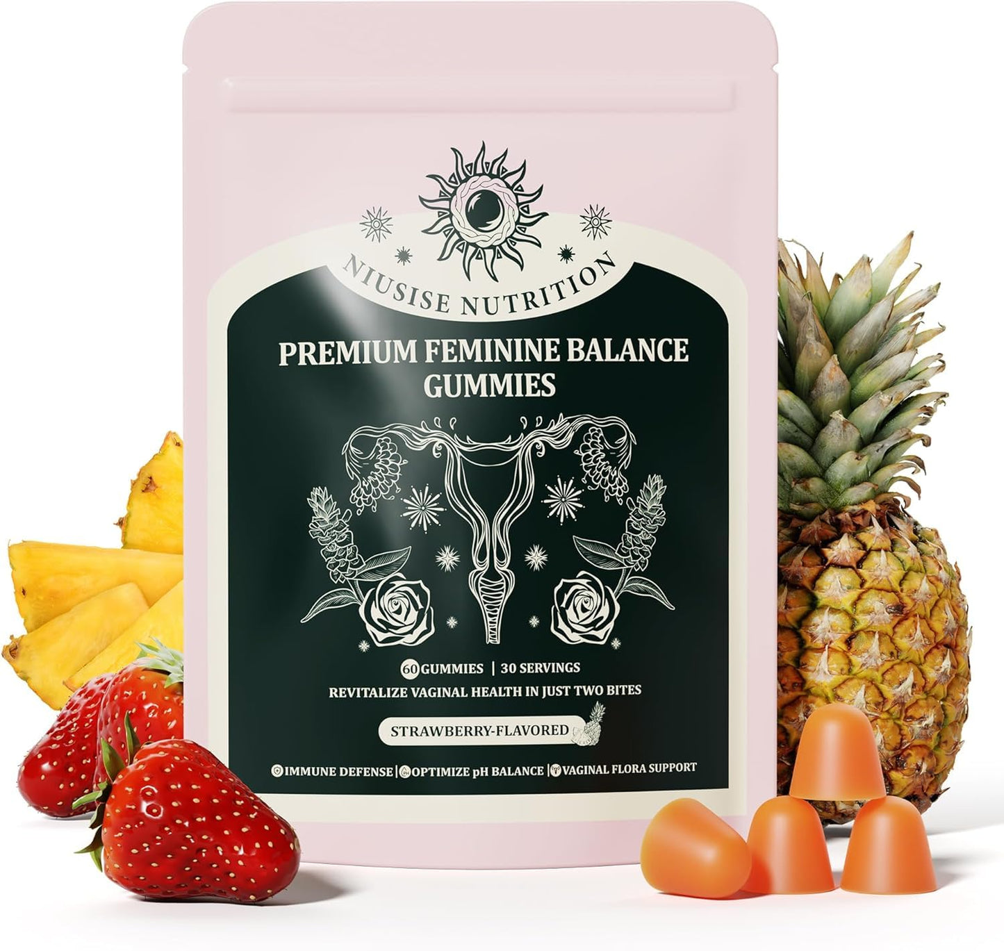 NIUSISE Feminine Balance Gummies, Premium Balance Supplement for Women PH Health, Immune Support, Vegan, Gluten-Free - Hawaiian Pineapple - 120 Gummies - 60 Servings 2 Pack. - dailyvitalstore