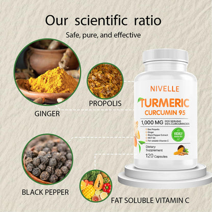 NIVELLE Turmeric Curcumin | Pure Turmeric Curcumin Supplement 1000mg | 95% Curcuminoids with Bee Propolis, Ginger, MCT Oil, Fat Soluble Vitamin C, & Black Pepper | 120 Capsules (1) - dailyvitalstore