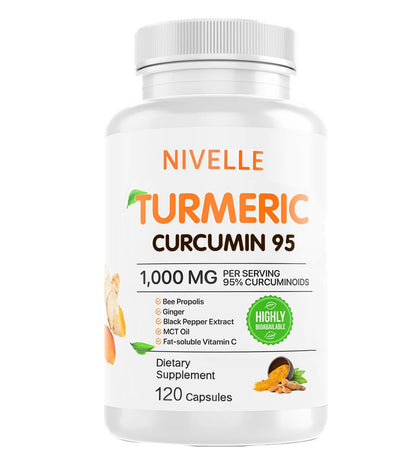 NIVELLE Turmeric Curcumin | Pure Turmeric Curcumin Supplement 1000mg | 95% Curcuminoids with Bee Propolis, Ginger, MCT Oil, Fat Soluble Vitamin C, & Black Pepper | 120 Capsules (1) - dailyvitalstore