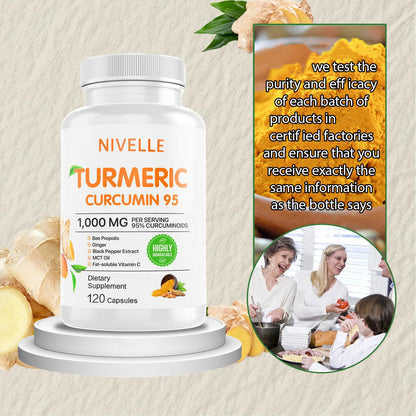 NIVELLE Turmeric Curcumin | Pure Turmeric Curcumin Supplement 1000mg | 95% Curcuminoids with Bee Propolis, Ginger, MCT Oil, Fat Soluble Vitamin C, & Black Pepper | 120 Capsules (1) - dailyvitalstore