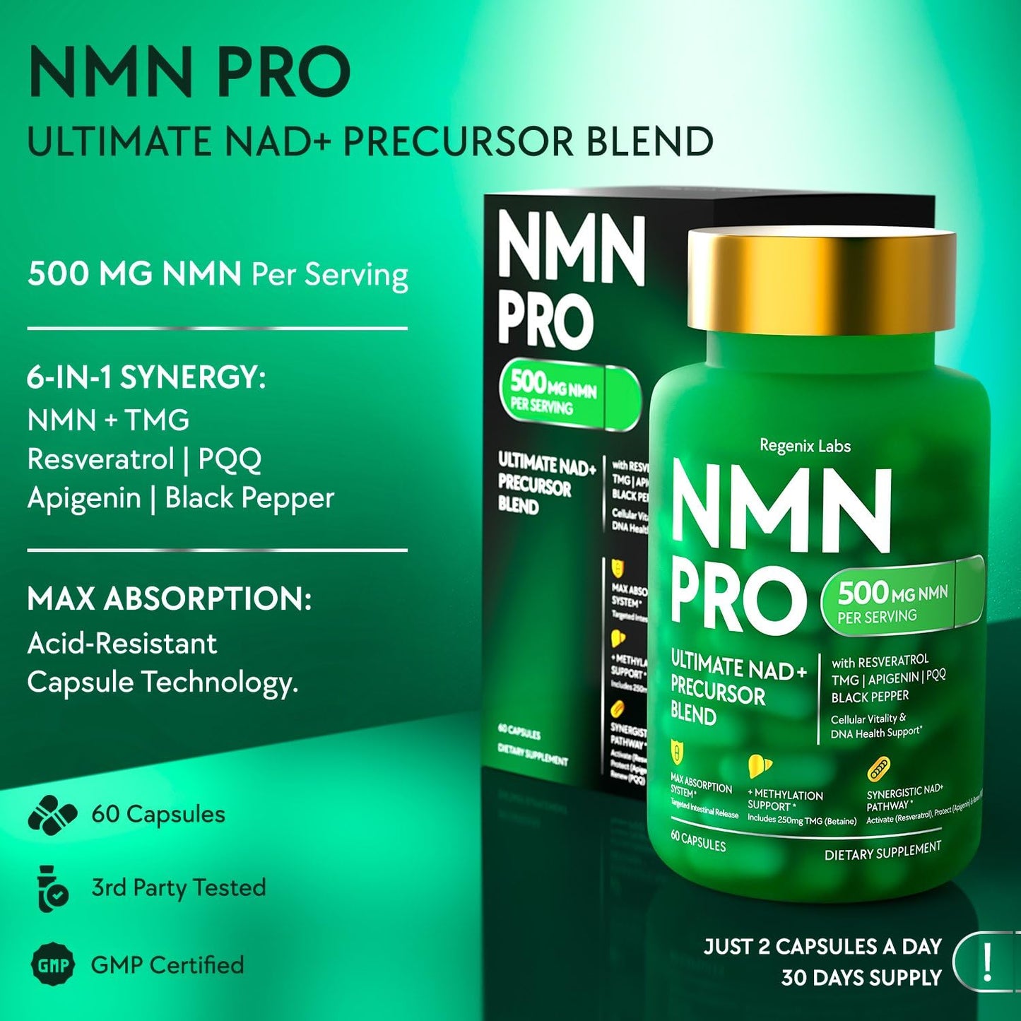 NMN Supplement 500mg - NAD Supplement with Resveratrol, TMG, Apigenin, PQQ, and Black Pepper Extract - 6-in-1 Acid-Resistant Vegan Pills Complex - dailyvitalstore