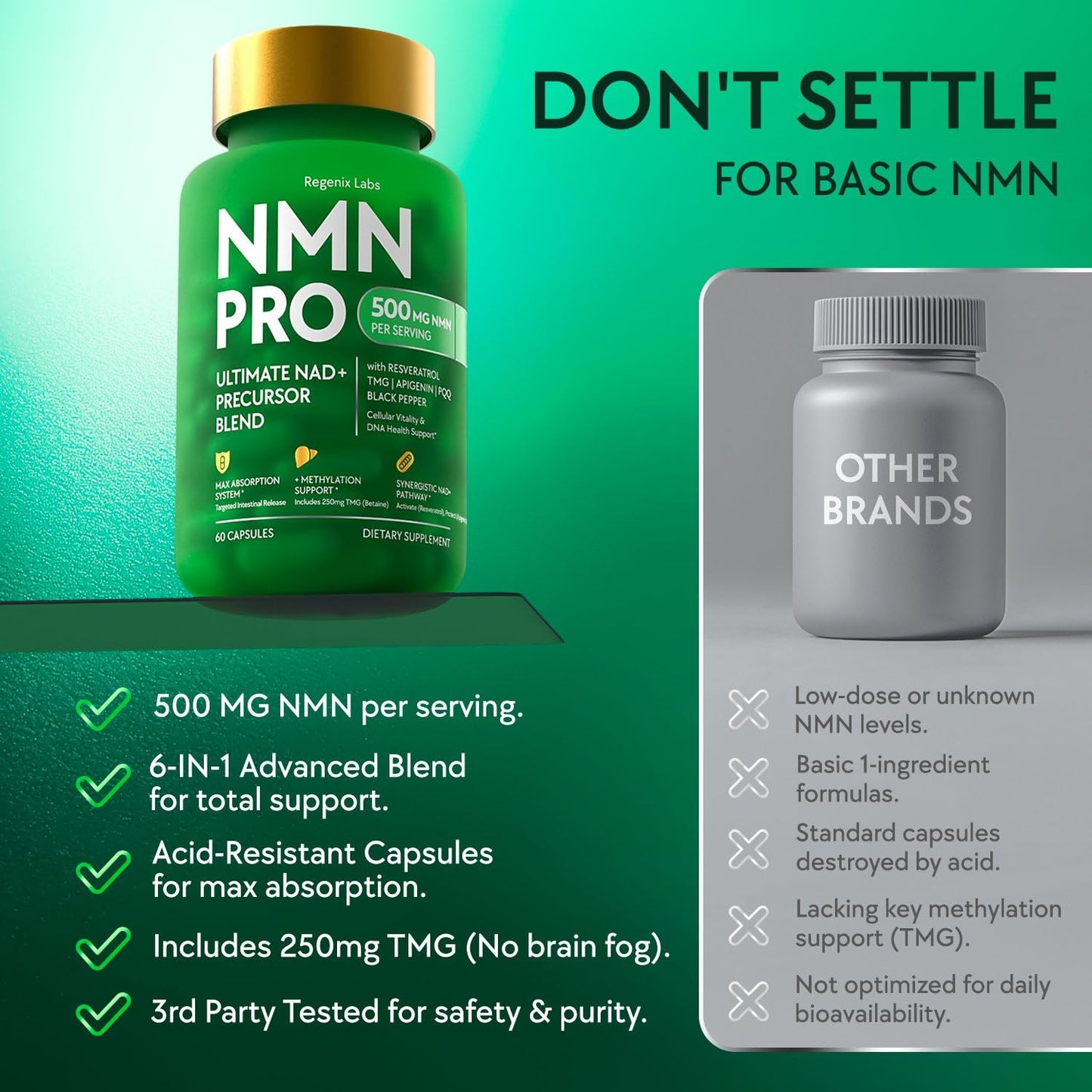 NMN Supplement 500mg - NAD Supplement with Resveratrol, TMG, Apigenin, PQQ, and Black Pepper Extract - 6-in-1 Acid-Resistant Vegan Pills Complex - dailyvitalstore