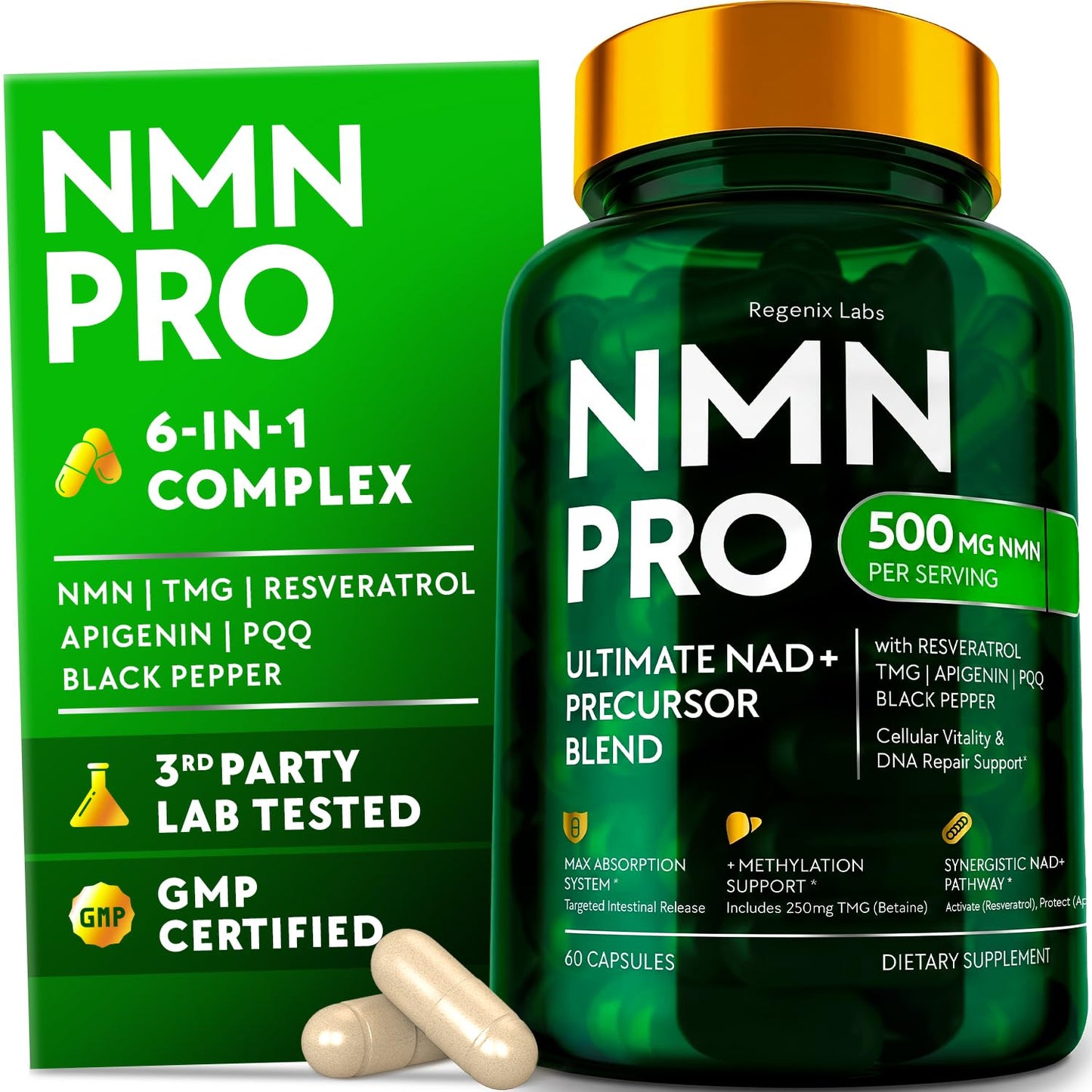 NMN Supplement 500mg - NAD Supplement with Resveratrol, TMG, Apigenin, PQQ, and Black Pepper Extract - 6-in-1 Acid-Resistant Vegan Pills Complex - dailyvitalstore