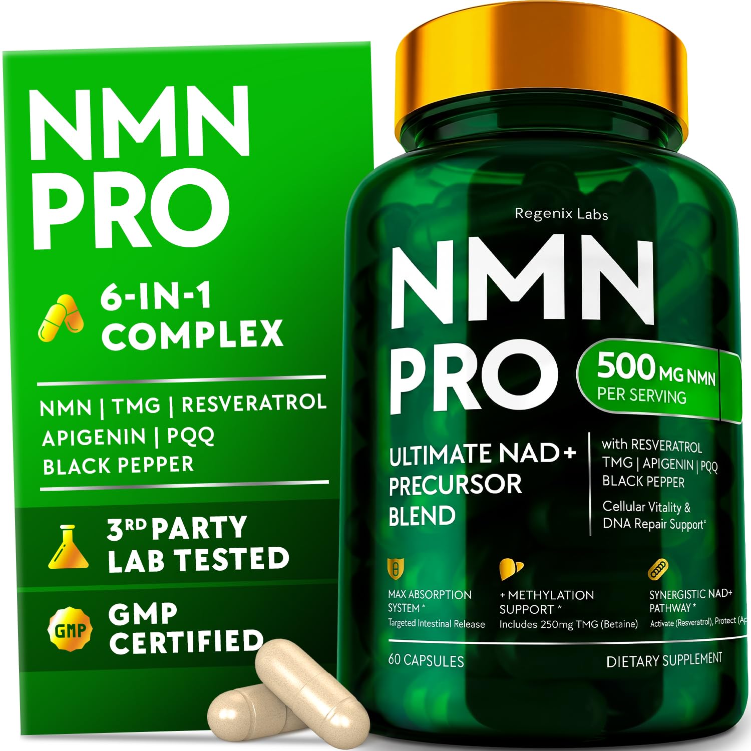 NMN Supplement 500mg - NAD Supplement with Resveratrol, TMG, Apigenin, PQQ, and Black Pepper Extract - 6-in-1 Acid-Resistant Vegan Pills Complex - dailyvitalstore