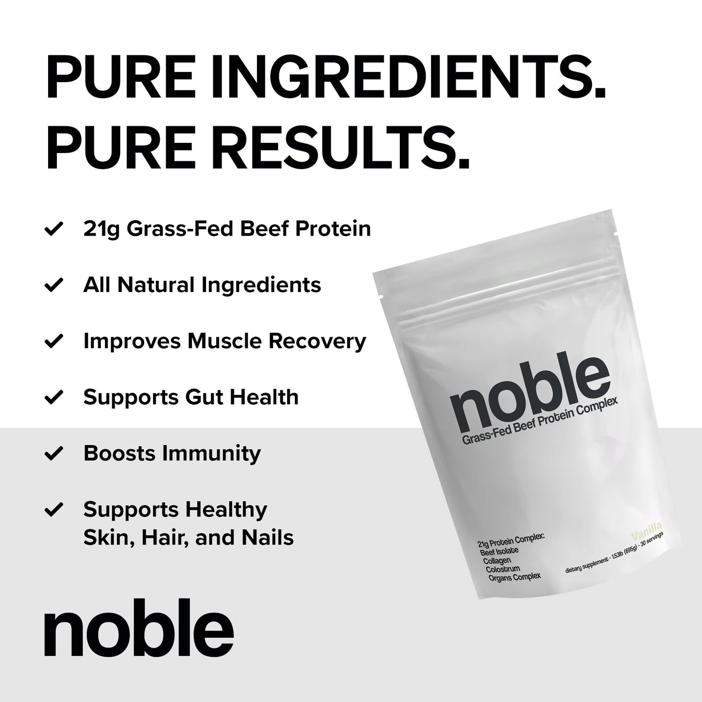 Noble Grass Fed Beef Protein Powder | Beef Protein w/Collagen, Colostrum, Organ Blend | Carnivore, Keto Friendly | Whey, Gluten Free | Muscle, Gut Health, Skin, Joint Support | 30 Servings, Vanilla - dailyvitalstore