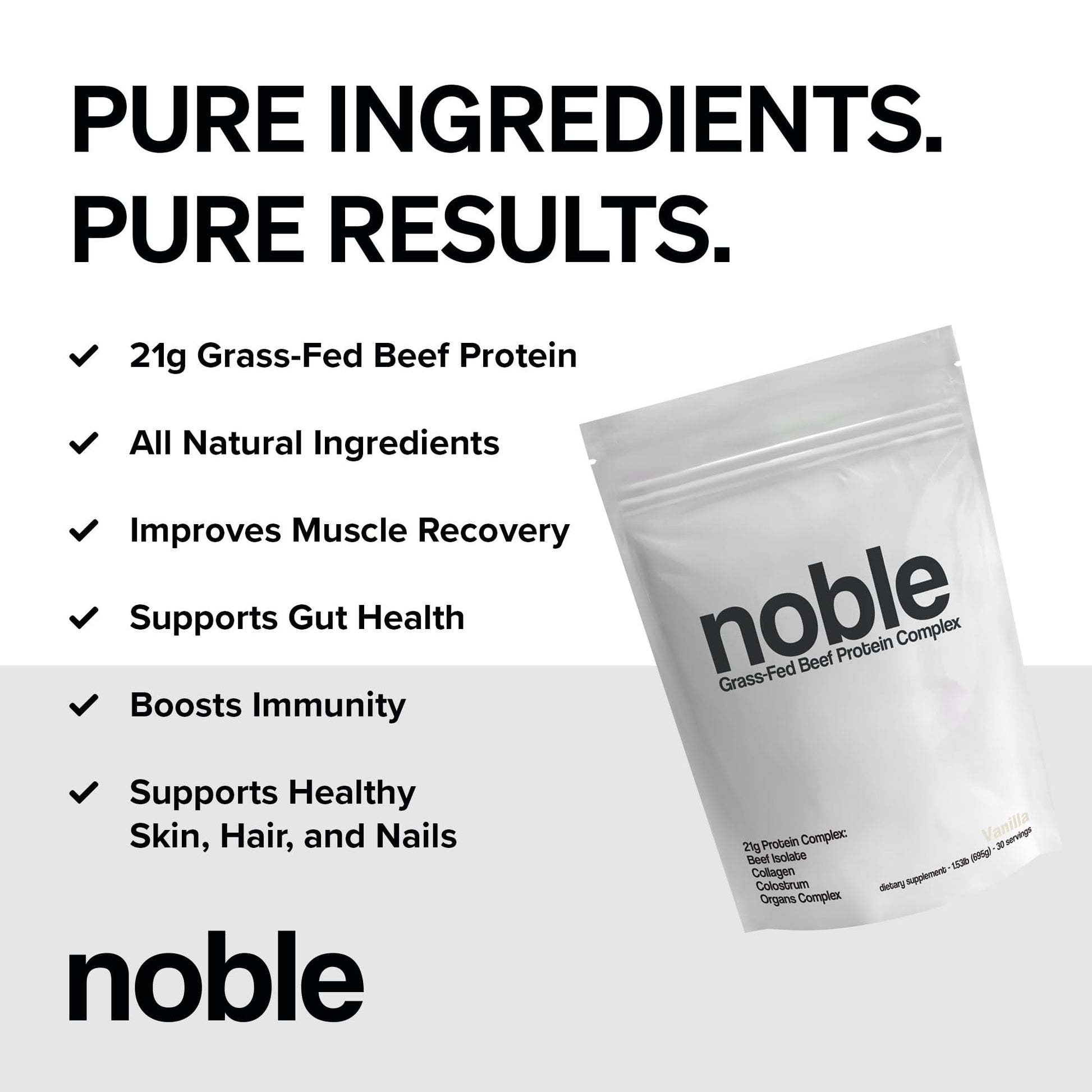 Noble Grass Fed Beef Protein Powder | Beef Protein w/Collagen, Colostrum, Organ Blend | Carnivore, Keto Friendly | Whey, Gluten Free | Muscle, Gut Health, Skin, Joint Support | 30 Servings, Vanilla - dailyvitalstore