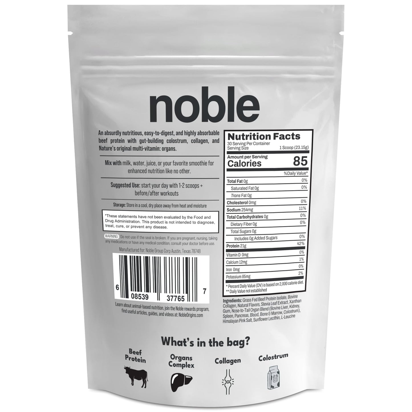 Noble Grass Fed Beef Protein Powder | Beef Protein w/Collagen, Colostrum, Organ Blend | Carnivore, Keto Friendly | Whey, Gluten Free | Muscle, Gut Health, Skin, Joint Support | 30 Servings, Vanilla - dailyvitalstore