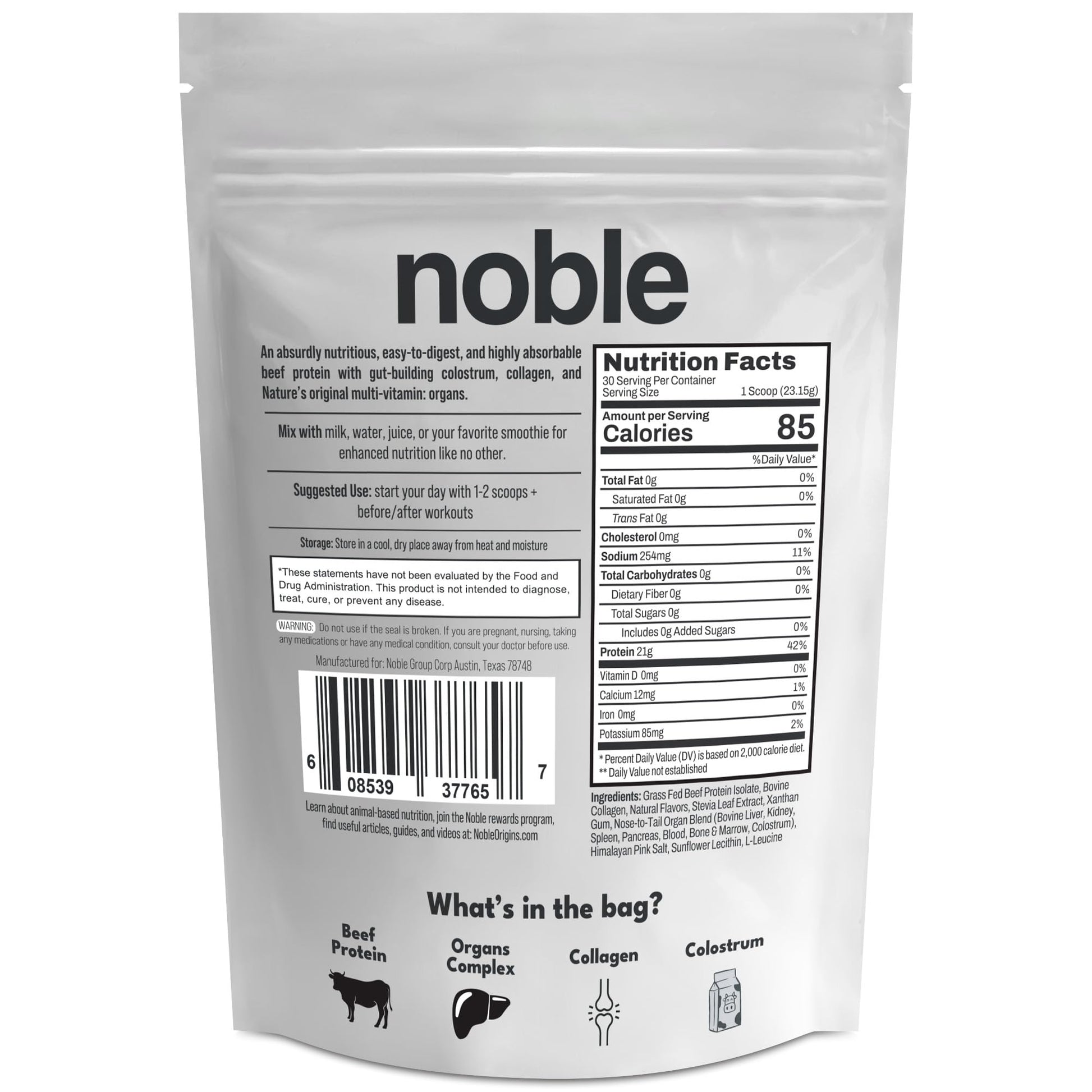 Noble Grass Fed Beef Protein Powder | Beef Protein w/Collagen, Colostrum, Organ Blend | Carnivore, Keto Friendly | Whey, Gluten Free | Muscle, Gut Health, Skin, Joint Support | 30 Servings, Vanilla - dailyvitalstore