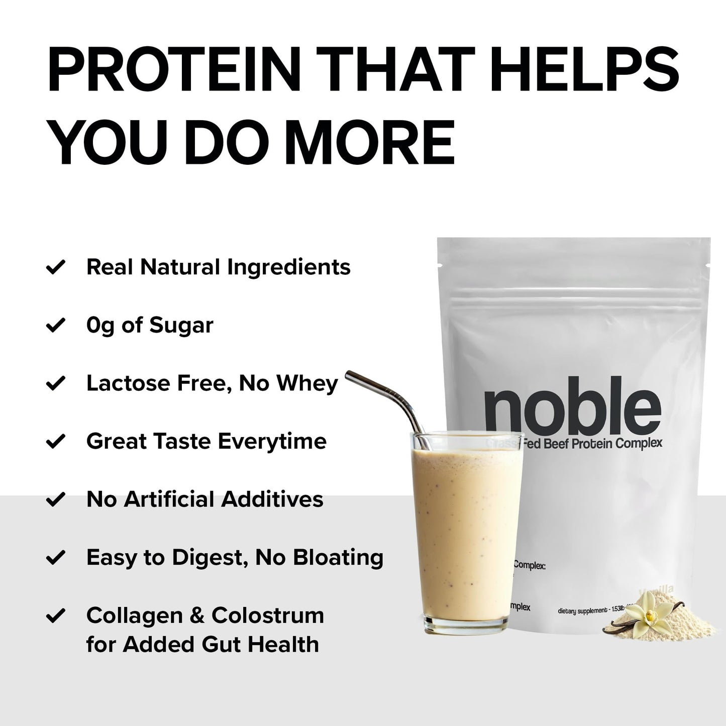 Noble Grass Fed Beef Protein Powder | Beef Protein w/Collagen, Colostrum, Organ Blend | Carnivore, Keto Friendly | Whey, Gluten Free | Muscle, Gut Health, Skin, Joint Support | 30 Servings, Vanilla - dailyvitalstore