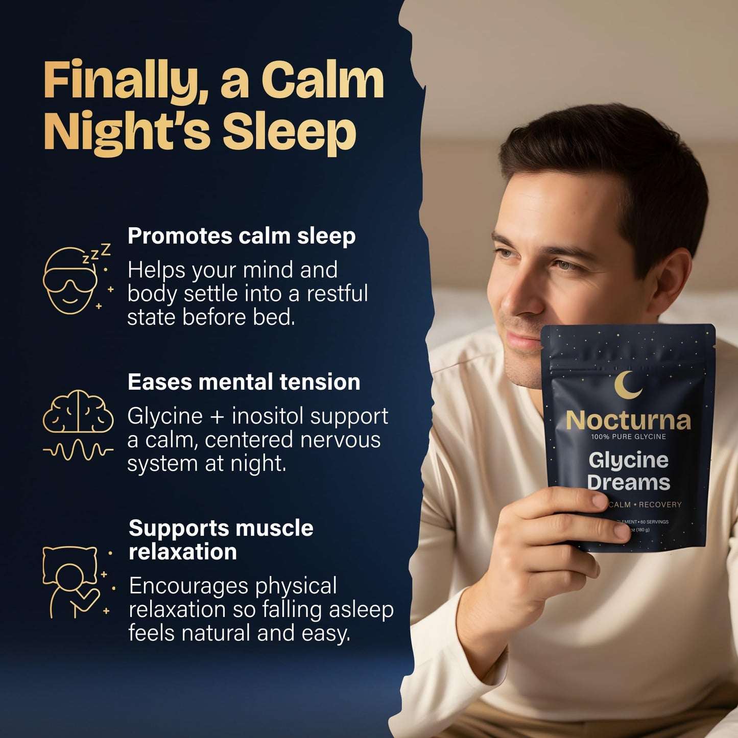 Nocturna Glycine Supplement – 100% Pure 3g Glycine Powder for Sleep, Calm & Recovery – USA Made Sleep Aid for Men & Women – Non-GMO & Completely Natural - 6.3Oz for 60 Servings - dailyvitalstore