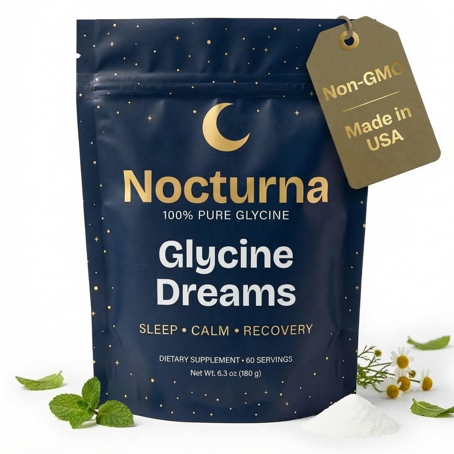 Nocturna Glycine Supplement – 100% Pure 3g Glycine Powder for Sleep, Calm & Recovery – USA Made Sleep Aid for Men & Women – Non-GMO & Completely Natural - 6.3Oz for 60 Servings - dailyvitalstore