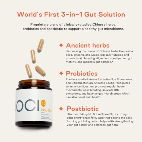 NOOCI NOO Gut, Gut + Skin: 3-in-1 Gut Health Supplement with Herbs, Probiotic & Postbiotic, Digestive Support for Bloating & Constipation, 60 Vegan Capsules - dailyvitalstore