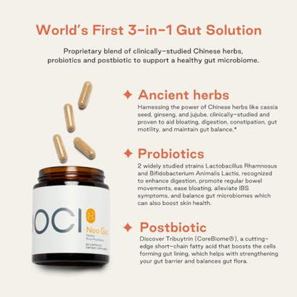 NOOCI NOO Gut, Gut + Skin: 3-in-1 Gut Health Supplement with Herbs, Probiotic & Postbiotic, Digestive Support for Bloating & Constipation, 60 Vegan Capsules - dailyvitalstore