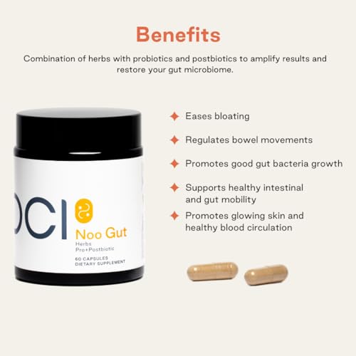 NOOCI NOO Gut, Gut + Skin: 3-in-1 Gut Health Supplement with Herbs, Probiotic & Postbiotic, Digestive Support for Bloating & Constipation, 60 Vegan Capsules - dailyvitalstore