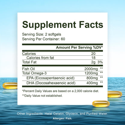 Noor Vitamins Halal Fish Oil, Halal Vitamins, Ultra Omega 3 Wild Peruvian Fish (800 mg EPA & 400 mg DHA) Heart - dailyvitalstore