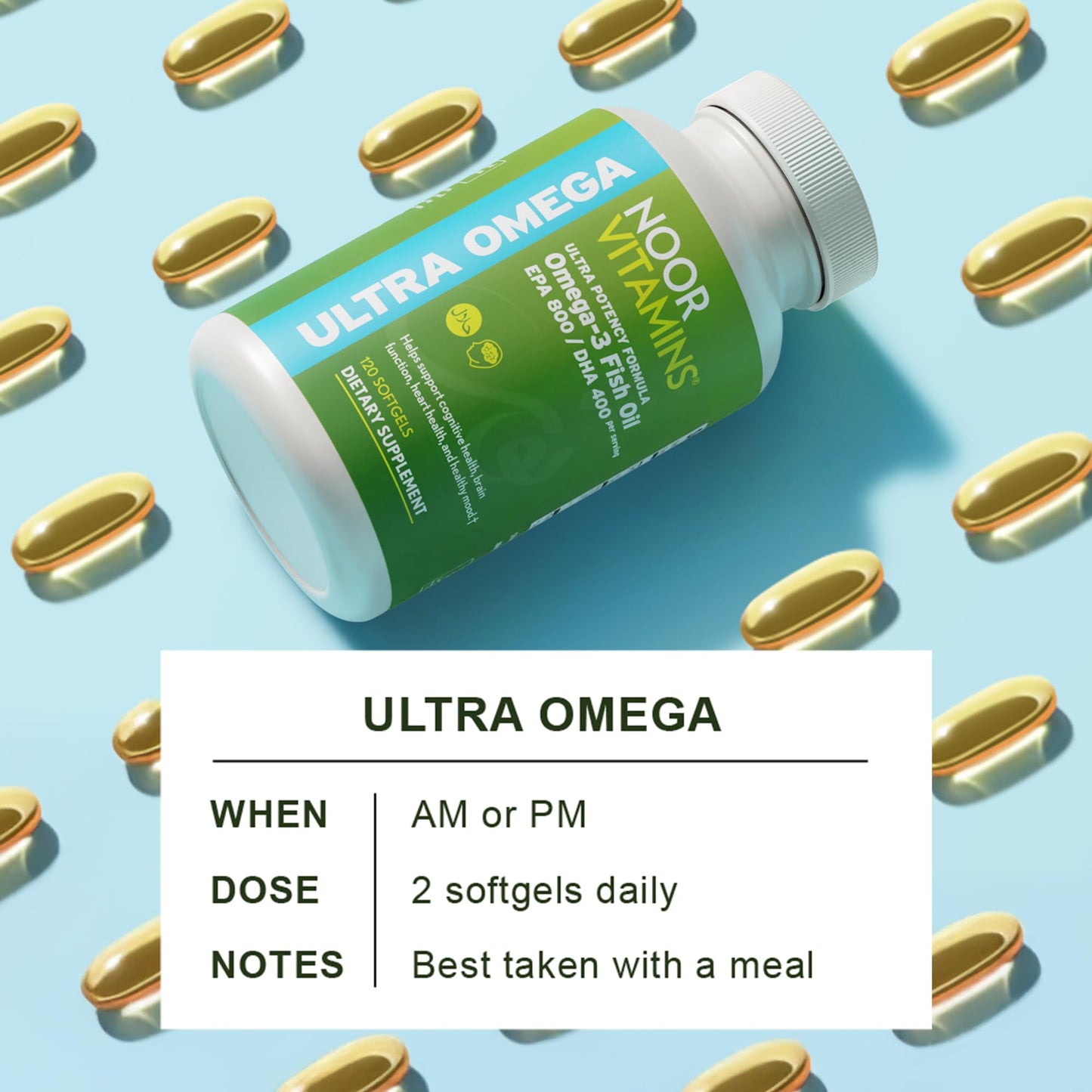 Noor Vitamins Halal Fish Oil, Halal Vitamins, Ultra Omega 3 Wild Peruvian Fish (800 mg EPA & 400 mg DHA) Heart, Brain & Joint Support, Non-GMO and Gluten Free (120 Count) - dailyvitalstore