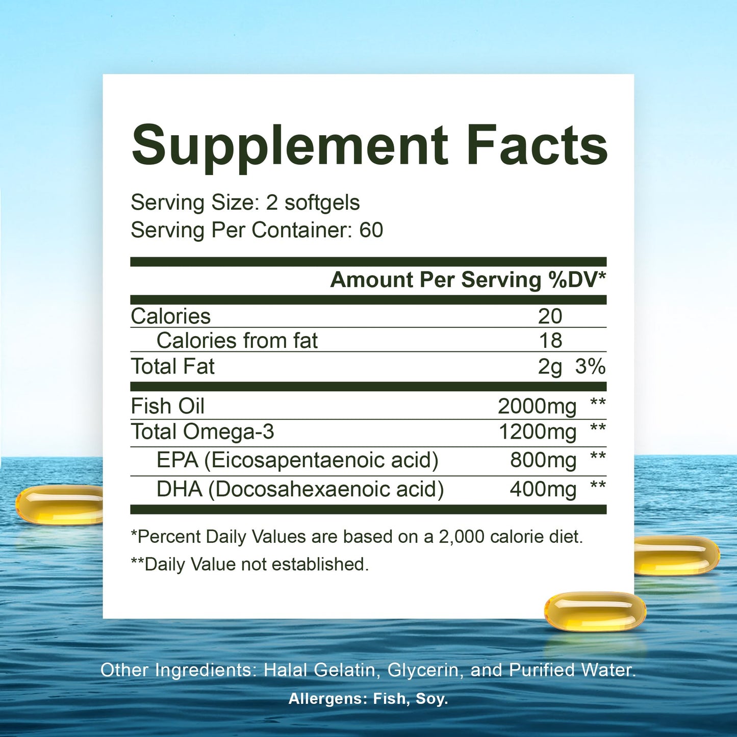 Noor Vitamins Halal Fish Oil, Halal Vitamins, Ultra Omega 3 Wild Peruvian Fish (800 mg EPA & 400 mg DHA) Heart, Brain & Joint Support, Non-GMO and Gluten Free (120 Count) - dailyvitalstore