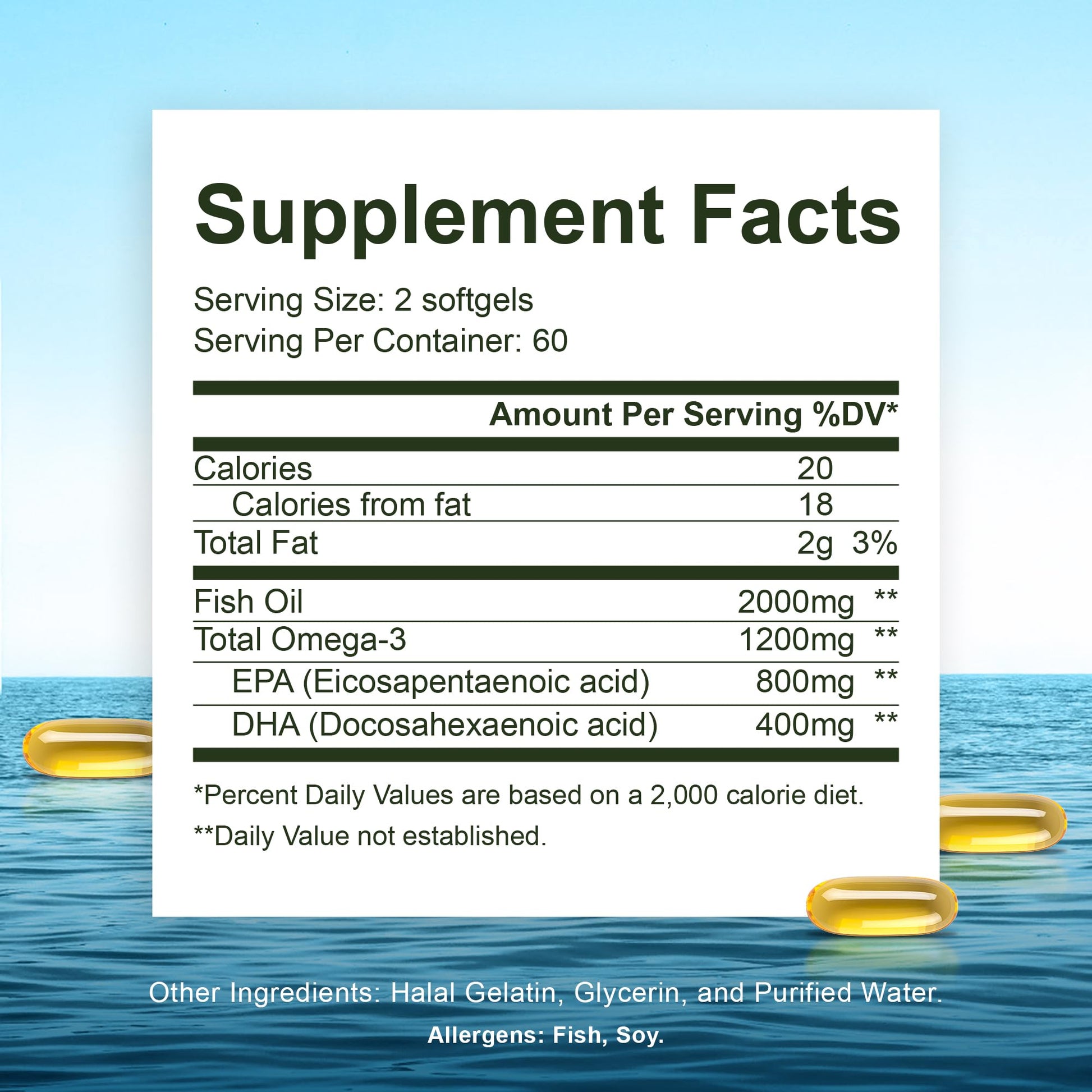 Noor Vitamins Halal Fish Oil, Halal Vitamins, Ultra Omega 3 Wild Peruvian Fish (800 mg EPA & 400 mg DHA) Heart, Brain & Joint Support, Non-GMO and Gluten Free (120 Count) - dailyvitalstore
