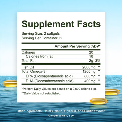 Noor Vitamins Halal Fish Oil, Halal Vitamins, Ultra Omega 3 Wild Peruvian Fish (800 mg EPA & 400 mg DHA) Heart, Brain & Joint Support, Non-GMO and Gluten Free (120 Count) - dailyvitalstore