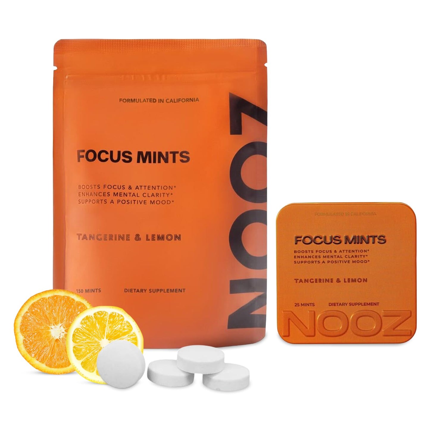 NOOZ Focus Mints Refill Bag - Caffeine-Free Brain Booster for Mental Clarity-Tangerine & Lemon Flavor | Sugar-Free, Travel-Friendly Supplement with Vitamin C, B6, B12 - Non-GMO, Clean Label, 150 Mints - dailyvitalstore