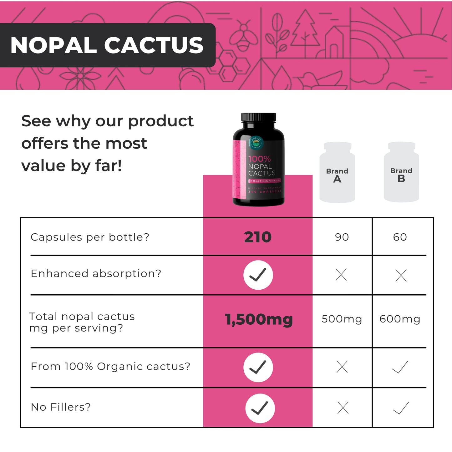 Nopal Cactus Capsules 1500mg- Organic Sun-Dried Prickly Pear Cactus Powder & Black Pepper Extract for Absorption- Natural Prickly Pear Super Supplement - dailyvitalstore