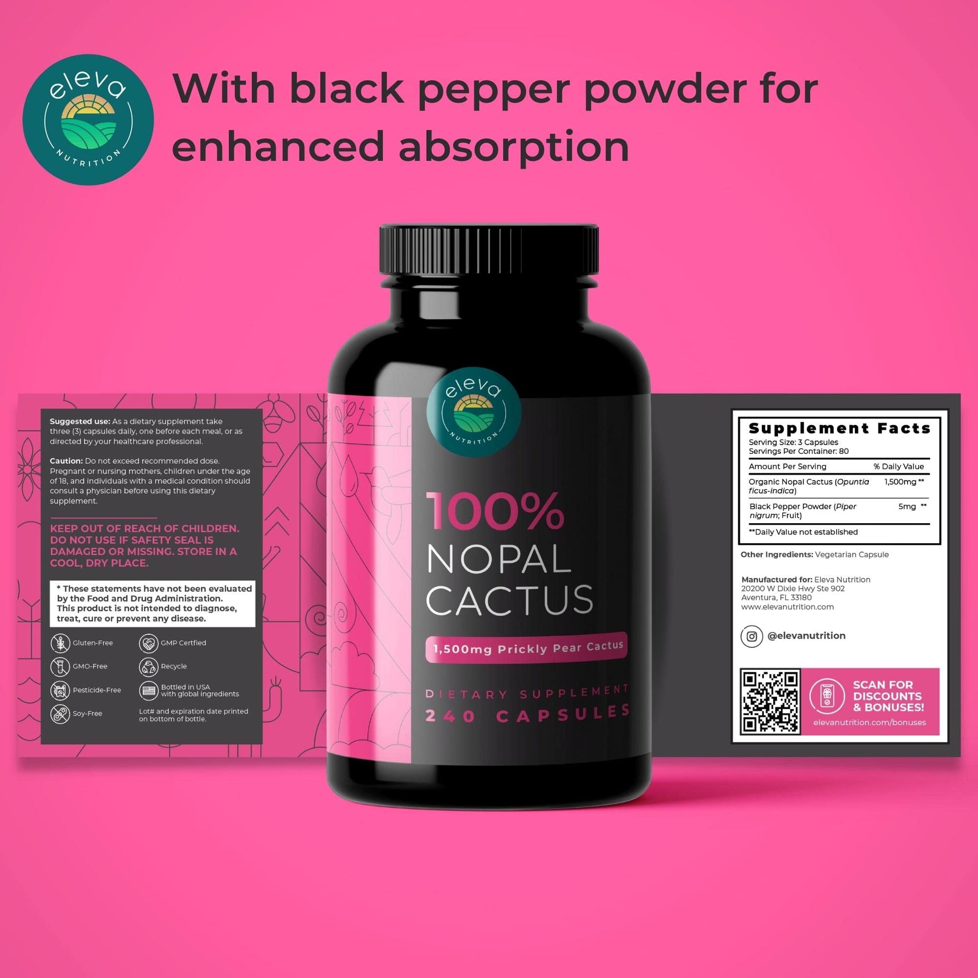 Nopal Cactus Capsules 1500mg- Organic Sun-Dried Prickly Pear Cactus Powder & Black Pepper Extract for Absorption- Natural Prickly Pear Super Supplement - dailyvitalstore