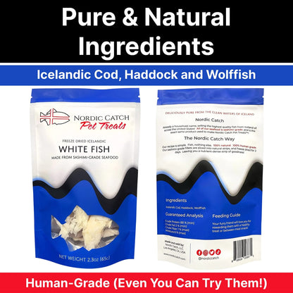 Nordic Catch Freeze Dried Fish Pet Treats from Iceland - Pure, All Natural Seafood Snacks for Dogs, Cats and Other Pets - Human Safe Ingredients, Made from Sashimi Grade Seafood - White Fish - dailyvitalstore