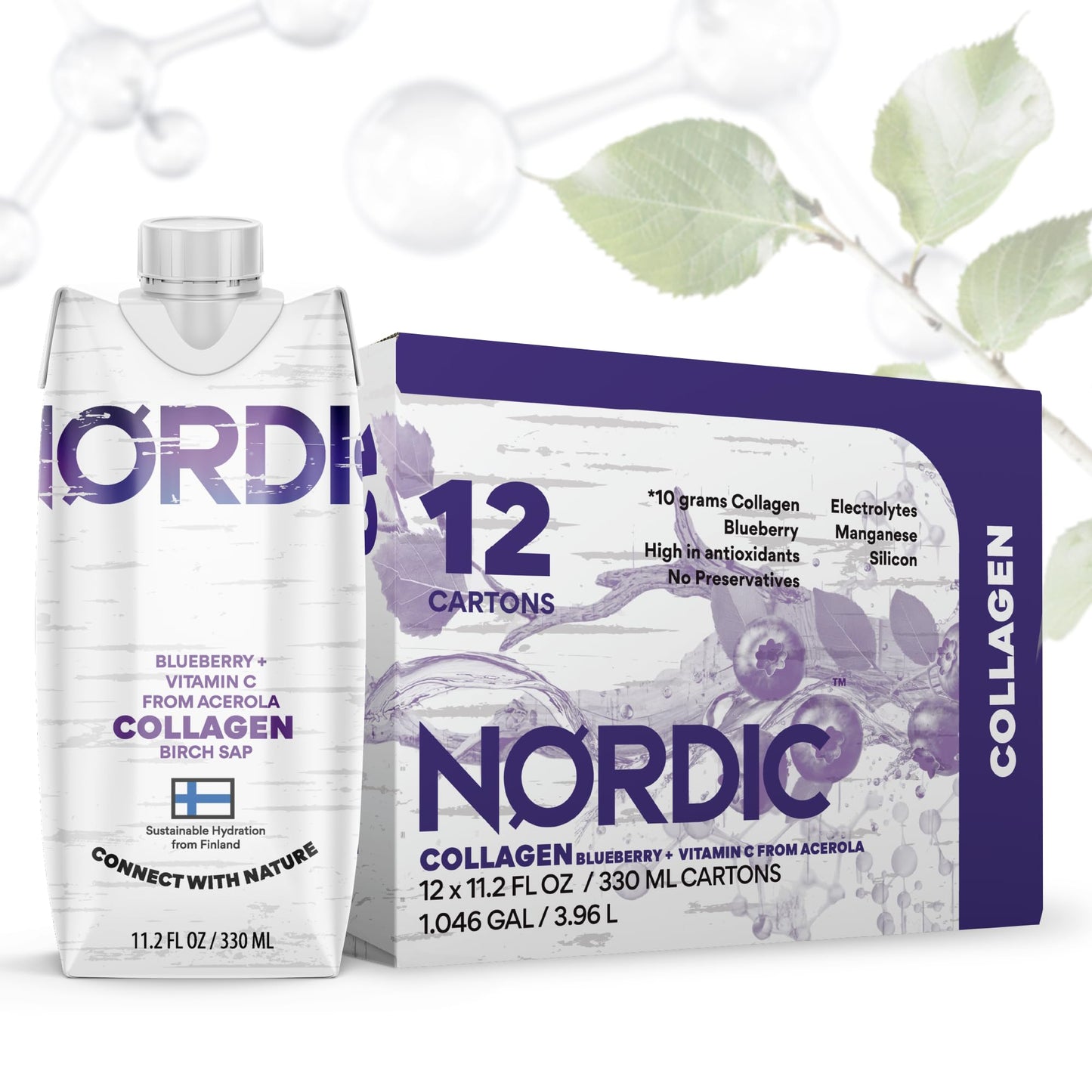 Nordic Liquid Collagen Peptide Drink, Organic Birch Sap, Wild blueberry + Vitamin C, Made in Finland - 10g Clinically Studied Grass Fed Collagen Peptides for Skin Hair Nails & Joint Support, with Silica, BPA-Free Beverage (12 Pack) - dailyvitalstore