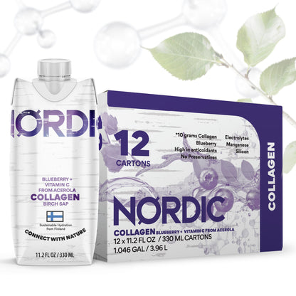Nordic Liquid Collagen Peptide Drink, Organic Birch Sap, Wild blueberry + Vitamin C, Made in Finland - 10g Clinically Studied Grass Fed Collagen Peptides for Skin Hair Nails & Joint Support, with Silica, BPA-Free Beverage (12 Pack) - dailyvitalstore