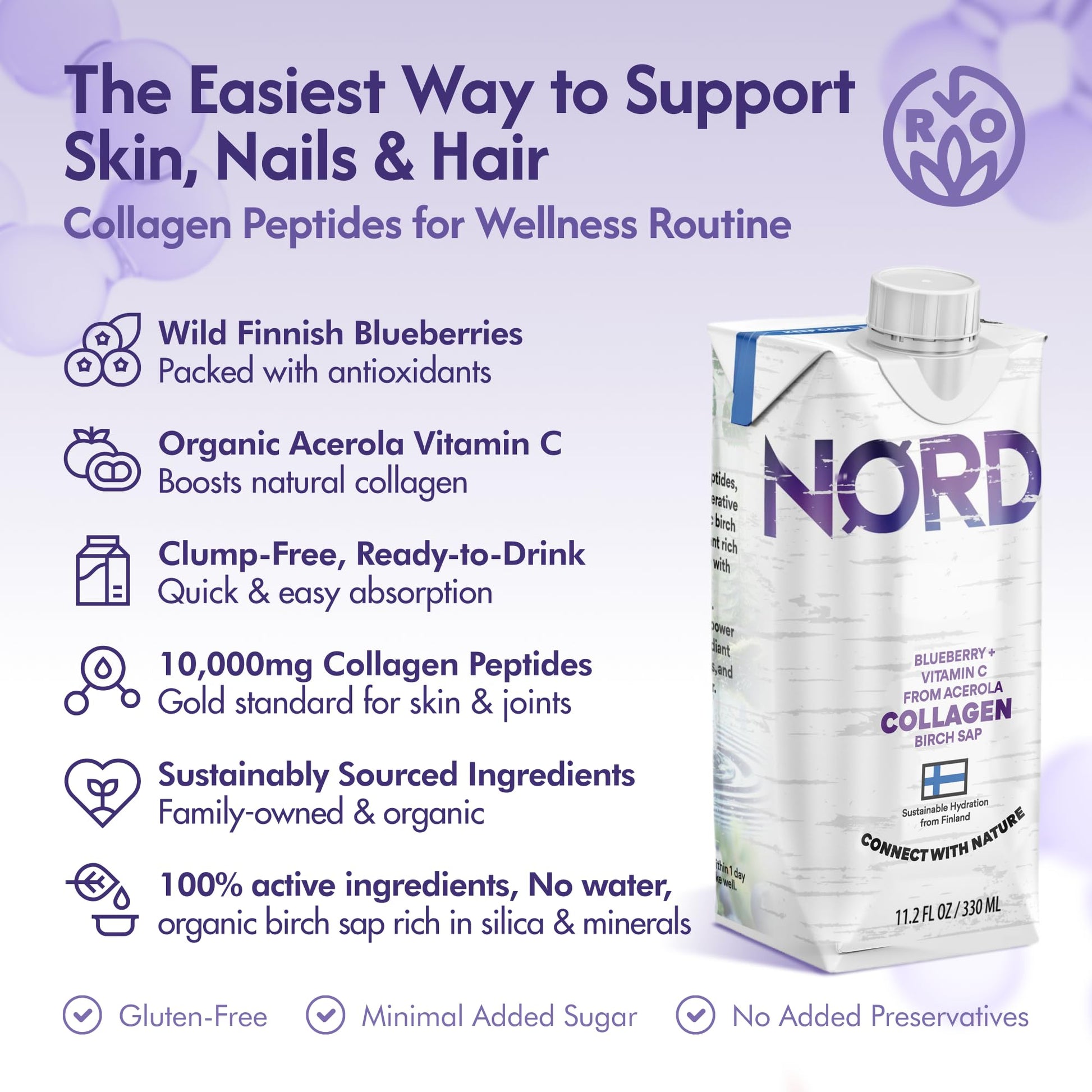 Nordic Liquid Collagen Peptide Drink, Organic Birch Sap, Wild blueberry + Vitamin C, Made in Finland - 10g Clinically Studied Grass Fed Collagen Peptides for Skin Hair Nails & Joint Support, with Silica, BPA-Free Beverage (12 Pack) - dailyvitalstore