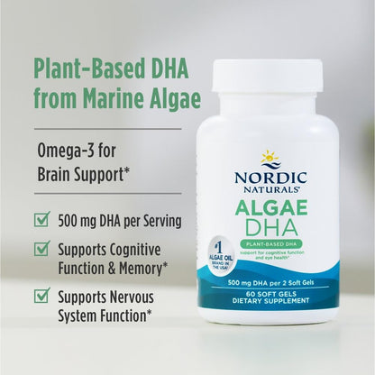 Nordic Naturals Algae DHA - 60 Soft Gels - 500 mg Omega-3 DHA - Certified Vegan Algae Oil - Plant-Based DHA - Brain, Eye & Nervous System Support - Non-GMO - 30 Servings - dailyvitalstore