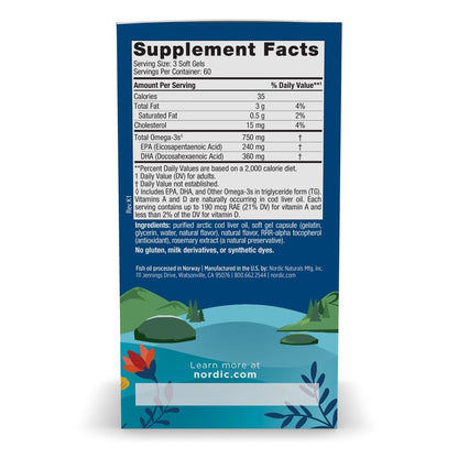 Nordic Naturals Arctic Cod Liver Oil, Lemon - 180 Soft Gels - 750 mg Total Omega-3s with EPA & DHA - Heart & Brain Health, Healthy Immunity, Overall Wellness - Non-GMO - 60 Servings - dailyvitalstore