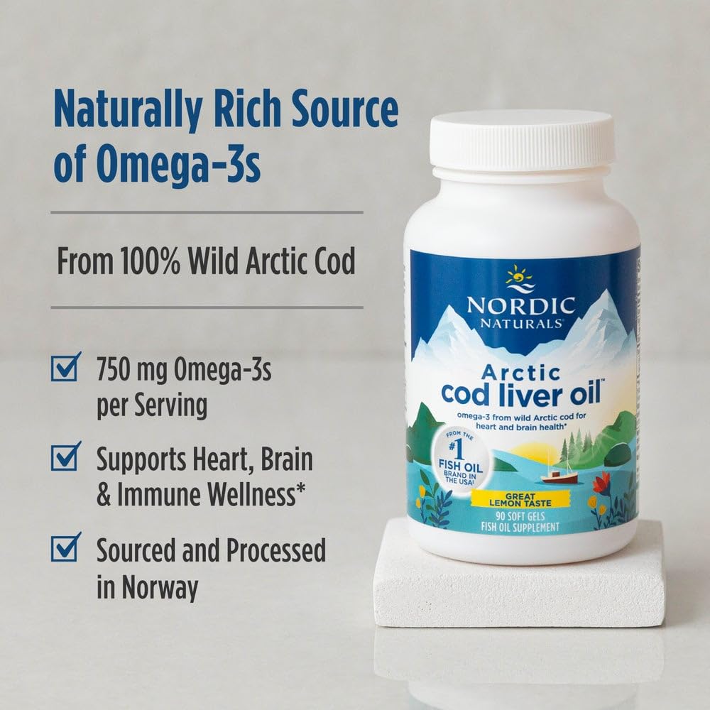 Nordic Naturals Arctic Cod Liver Oil, Lemon - 180 Soft Gels - 750 mg Total Omega-3s with EPA & DHA - Heart & Brain Health, Healthy Immunity, Overall Wellness - Non-GMO - 60 Servings - dailyvitalstore