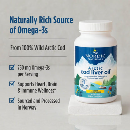 Nordic Naturals Arctic Cod Liver Oil, Lemon - 180 Soft Gels - 750 mg Total Omega-3s with EPA & DHA - Heart & Brain Health, Healthy Immunity, Overall Wellness - Non-GMO - 60 Servings - dailyvitalstore