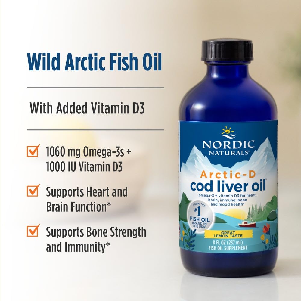 Nordic Naturals Arctic-D Cod Liver Oil, Lemon - 8 oz - 1060 mg Total Omega-3s + 1000 IU Vitamin D3 - EPA & DHA - Heart, Brain, Bone, Immune & Mood Support - Non-GMO - 48 Servings - dailyvitalstore