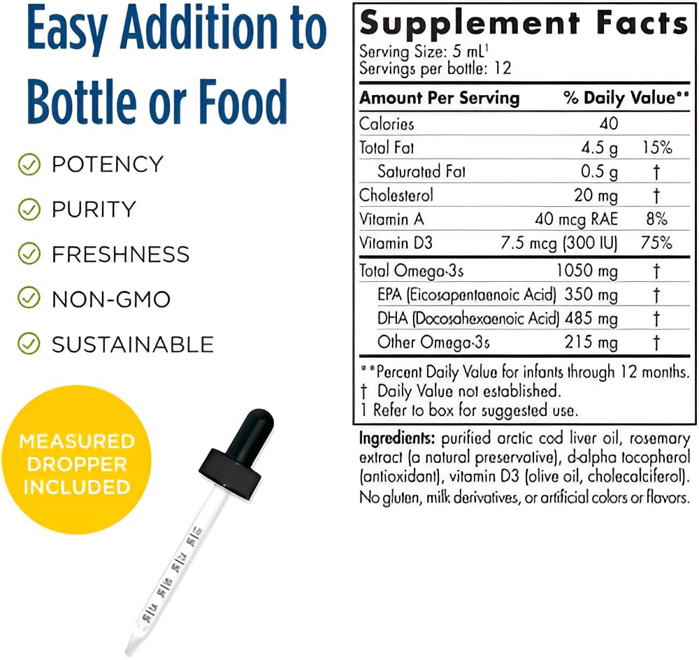 Nordic Naturals Baby’s DHA, Unflavored - 2 oz - 1050 mg Omega-3 + 300 IU Vitamin D3 - Supports Brain, Vision & Nervous System Development in Babies - Non-GMO - Servings May Vary - dailyvitalstore