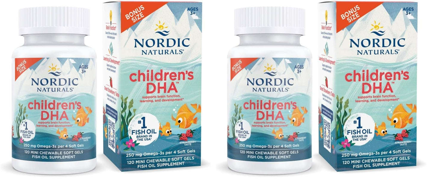 Nordic Naturals Children’s DHA, Strawberry - 120 Mini Chewable Soft Gels for Kids - 250 mg Omega-3 with EPA & DHA - Brain Development & Function - Non-GMO - 30 Servings (Pack of 2) - dailyvitalstore