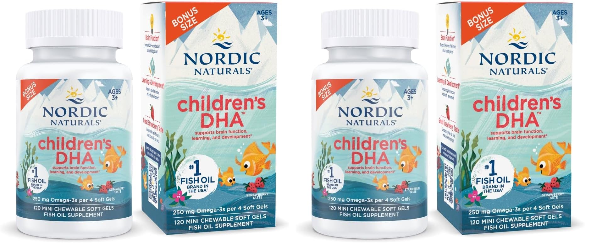 Nordic Naturals Children’s DHA, Strawberry - 120 Mini Chewable Soft Gels for Kids - 250 mg Omega-3 with EPA & DHA - Brain Development & Function - Non-GMO - 30 Servings (Pack of 2) - dailyvitalstore