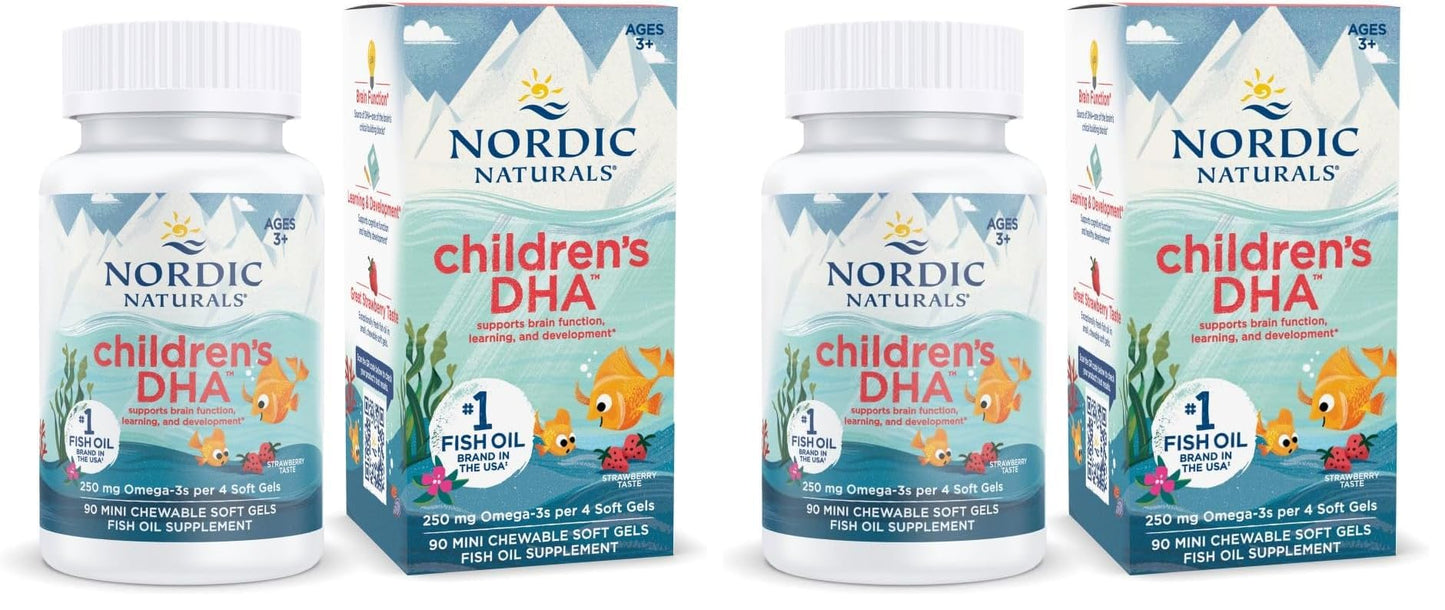 Nordic Naturals Children’s DHA, Strawberry - 90 Mini Chewable Soft Gels for Kids - 250 mg Omega-3 with EPA & DHA - Brain Development & Function - Non-GMO - 22 Servings (Pack of 2) - dailyvitalstore