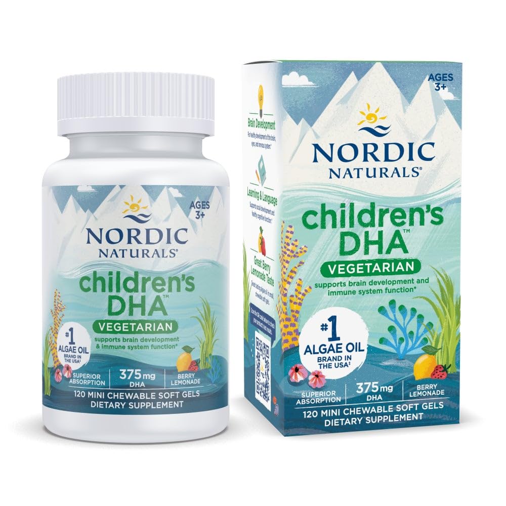 Nordic Naturals Children's DHA Vegetarian - Kids DHA Omega-3 Supplement -Algae Oil - Berry Lemonade Mini Chewables - Plant-Based Formula for Ages 3+ - 120 Soft Gels - 40 Servings - dailyvitalstore
