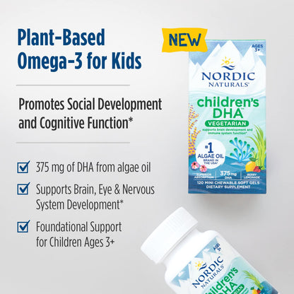 Nordic Naturals Children's DHA Vegetarian - Kids DHA Omega-3 Supplement -Algae Oil - Berry Lemonade Mini Chewables - Plant-Based Formula for Ages 3+ - 120 Soft Gels - 40 Servings - dailyvitalstore