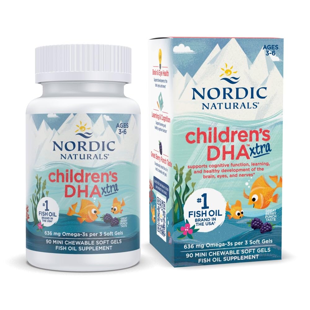 Nordic Naturals Children’s DHA Xtra, Berry Punch - 90 Mini Chewable Soft Gels for Kids - 636 mg Omega-3s EPA & DHA - Cognitive & Immune Function, Learning, Social Development - Non-GMO - 30 Servings - dailyvitalstore