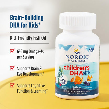 Nordic Naturals Children’s DHA Xtra, Berry Punch - 90 Mini Chewable Soft Gels for Kids - 636 mg Omega-3s EPA & DHA - Cognitive & Immune Function, Learning, Social Development - Non-GMO - 30 Servings - dailyvitalstore