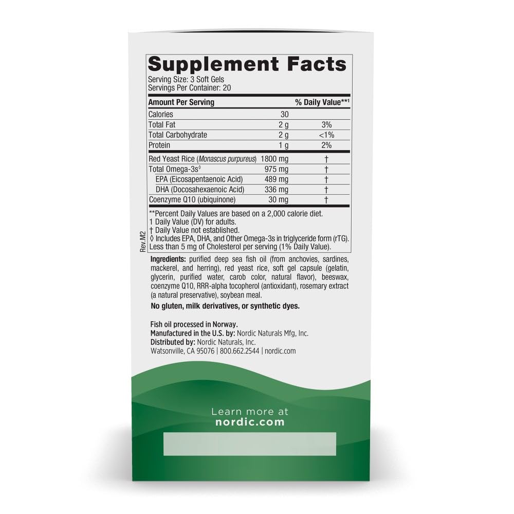 Nordic Naturals Cholesterol Support, Lemon - 60 Soft Gels - 975 Omega-3 + Red Yeast Rice & CoQ10 - Normal Cholesterol, Antioxidant Support - EPA & DHA - Non-GMO - 20 Servings - dailyvitalstore