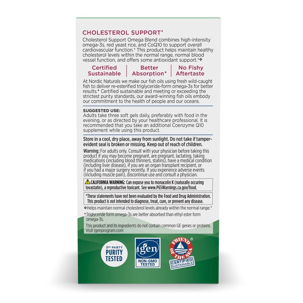 Nordic Naturals Cholesterol Support, Lemon - 60 Soft Gels - 975 Omega-3 + Red Yeast Rice & CoQ10 - Normal Cholesterol, Antioxidant Support - EPA & DHA - Non-GMO - 20 Servings - dailyvitalstore