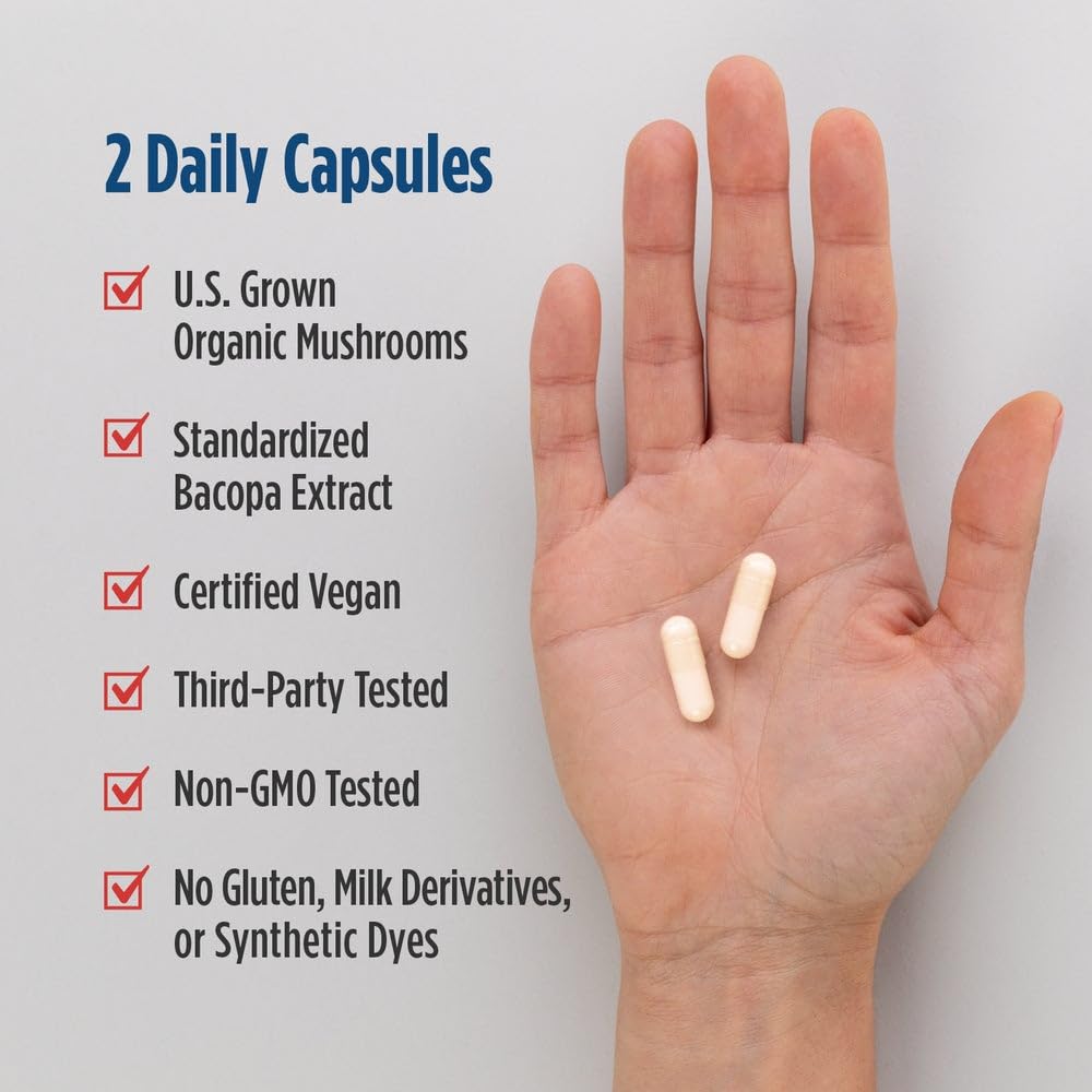 Nordic Naturals Cognition Mushroom Complex, Unflavored - 60 Capsules - Brain, Memory & Mood Support - Blend of Lion’s Mane Mushroom & Bacopa Extract - Non-GMO - Certified Vegan - 30 Servings - dailyvitalstore