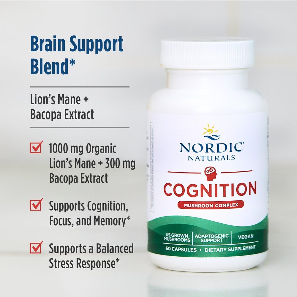 Nordic Naturals Cognition Mushroom Complex, Unflavored - 60 Capsules - Brain, Memory & Mood Support - Blend of Lion’s Mane Mushroom & Bacopa Extract - Non-GMO - Certified Vegan - 30 Servings - dailyvitalstore