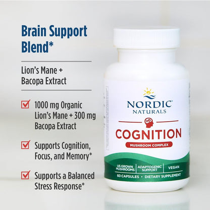 Nordic Naturals Cognition Mushroom Complex, Unflavored - 60 Capsules - Brain, Memory & Mood Support - Blend of Lion’s Mane Mushroom & Bacopa Extract - Non-GMO - Certified Vegan - 30 Servings - dailyvitalstore