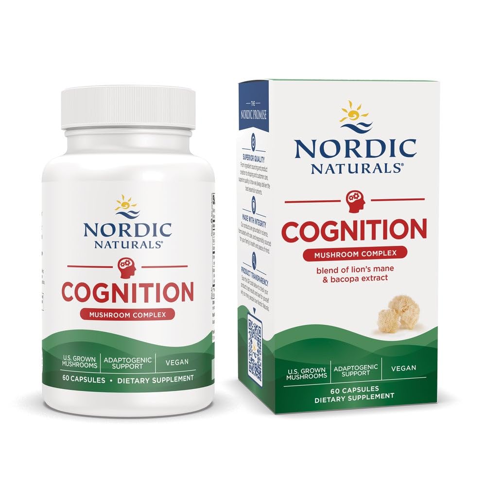 Nordic Naturals Cognition Mushroom Complex, Unflavored - 60 Capsules - Brain, Memory & Mood Support - Blend of Lion’s Mane Mushroom & Bacopa Extract - Non-GMO - Certified Vegan - 30 Servings - dailyvitalstore