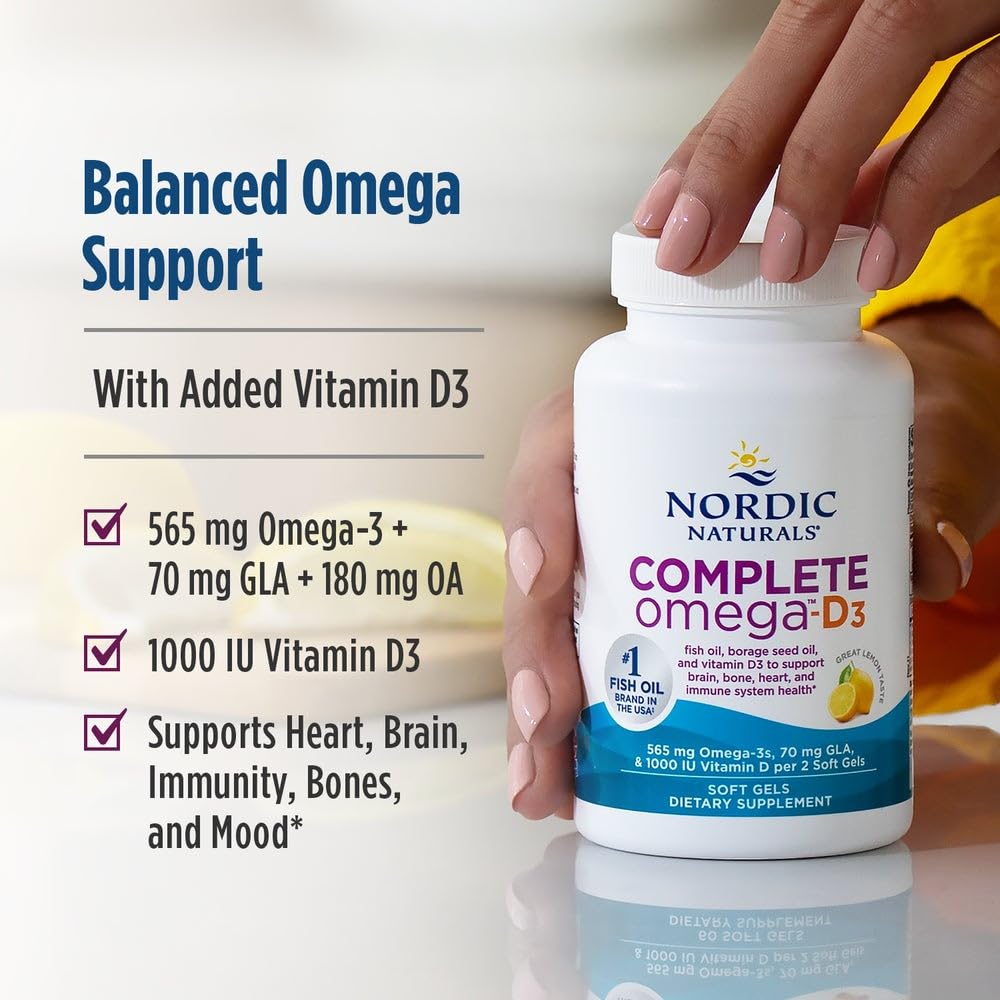 Nordic Naturals Complete Omega-D3, Lemon Flavor - 120 Soft Gels - 565 mg Omega-3 + 70 mg GLA + 1000 IU Vitamin D3 - EPA & DHA - Healthy Skin, Cognition, Positive Mood - Non-GMO - 60 Servings - dailyvitalstore